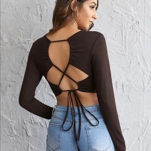 Brown Lace-Up Open Back Crop-Top Long-Sleeve